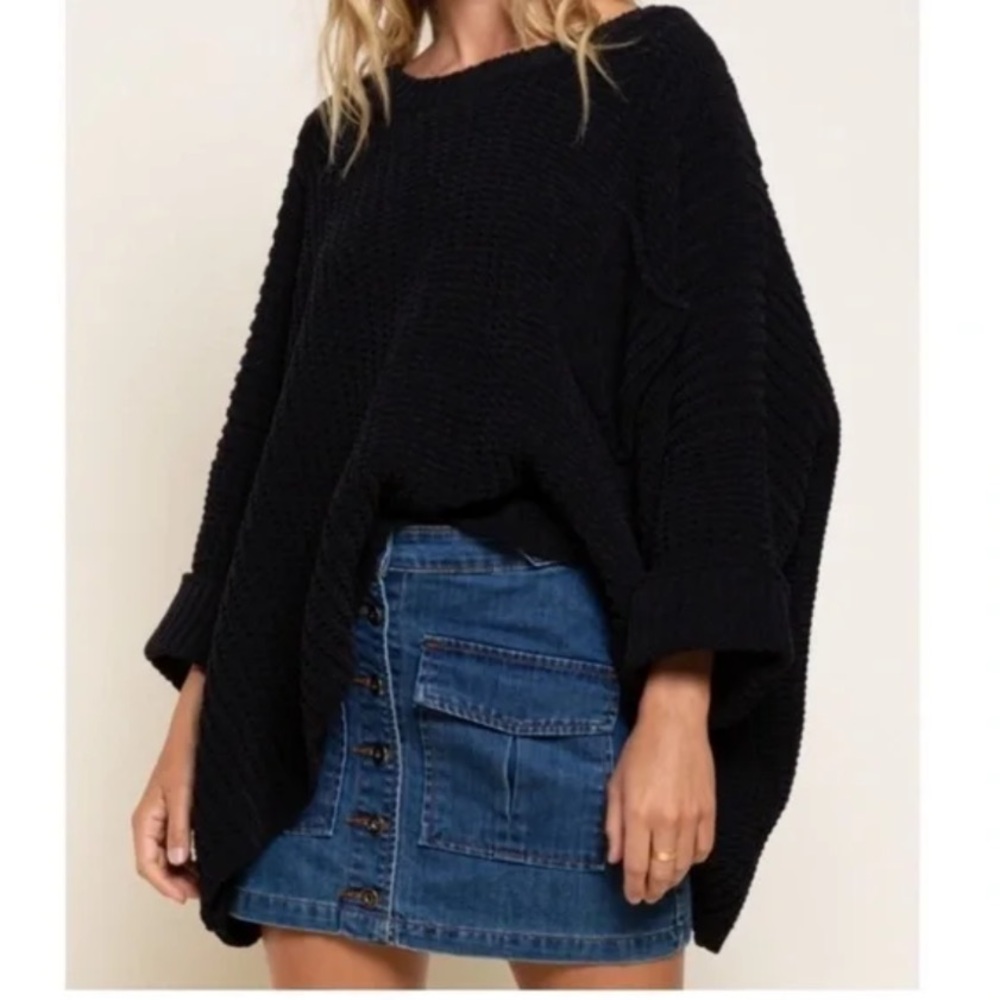 POL Black Oversized Chenille Knit Boho Sweater